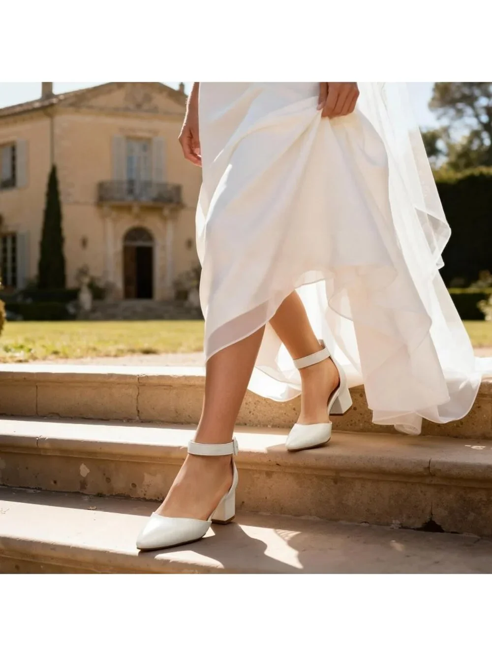 Women's White Pu ANNEE Closed Toe Low Chunky Block Heels Ankle Strap Pumps Shoes